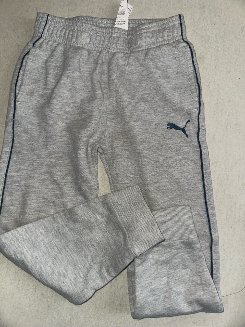 Kids Size 6 Puma Light Gray Joggers with Navy Puma Logo